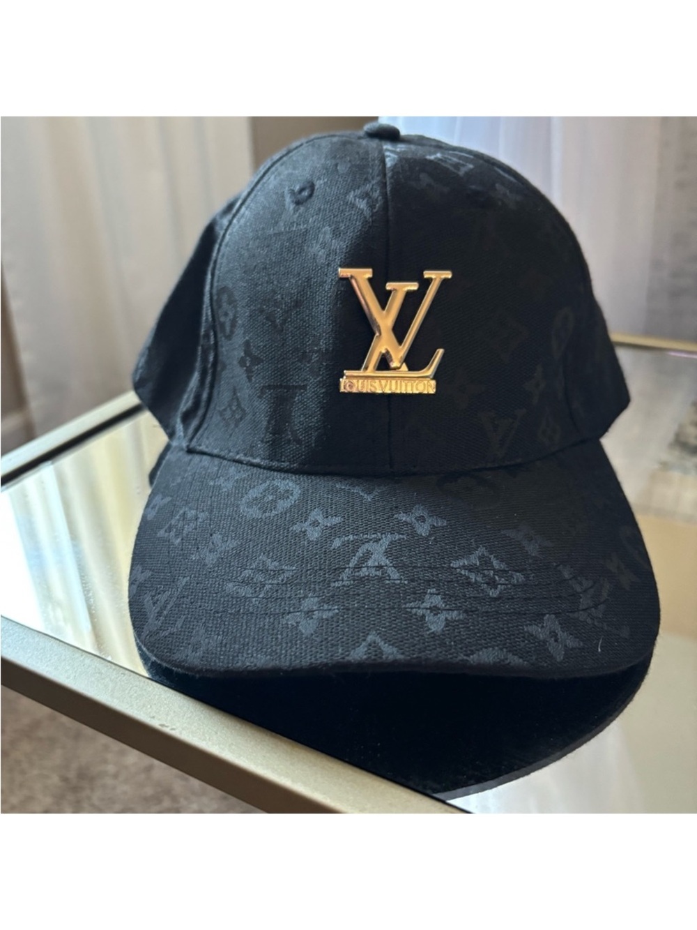 Designer Black Monogram Cap with Gold LV Emblem